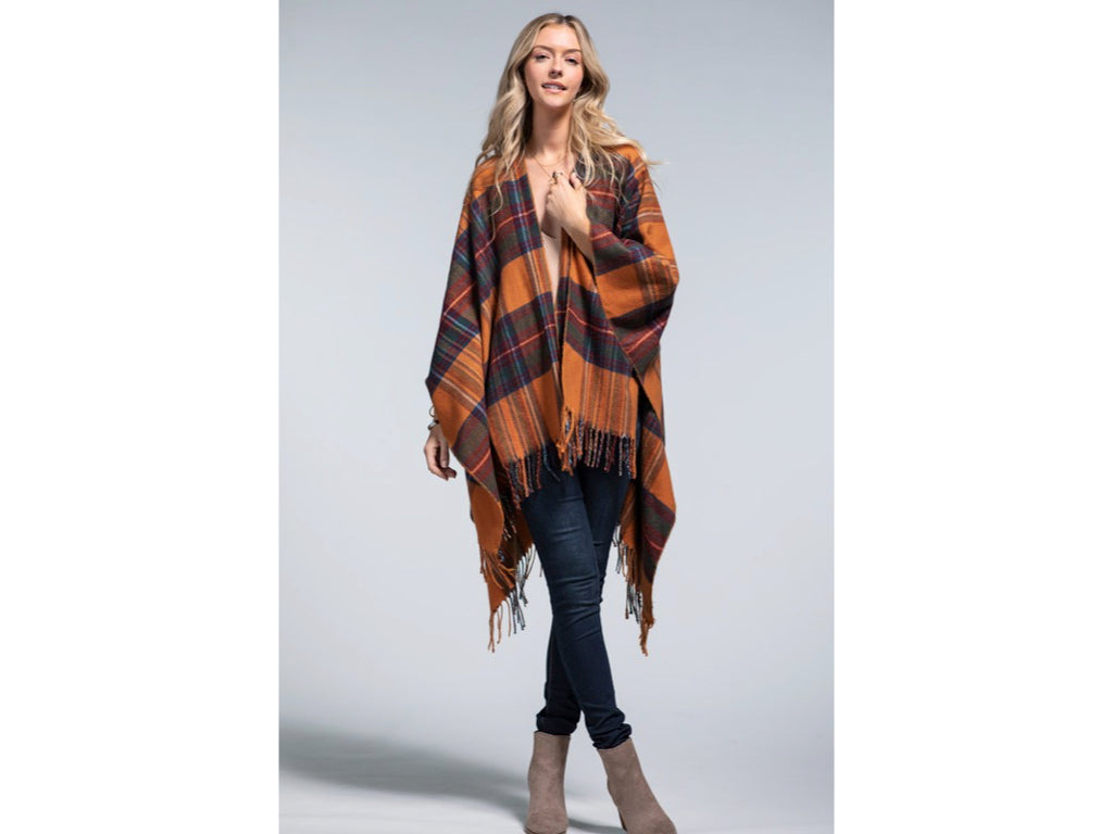 Amber Glow Plaid Fringe Accent Knit Fall Winter Ruana Wrap Open Poncho