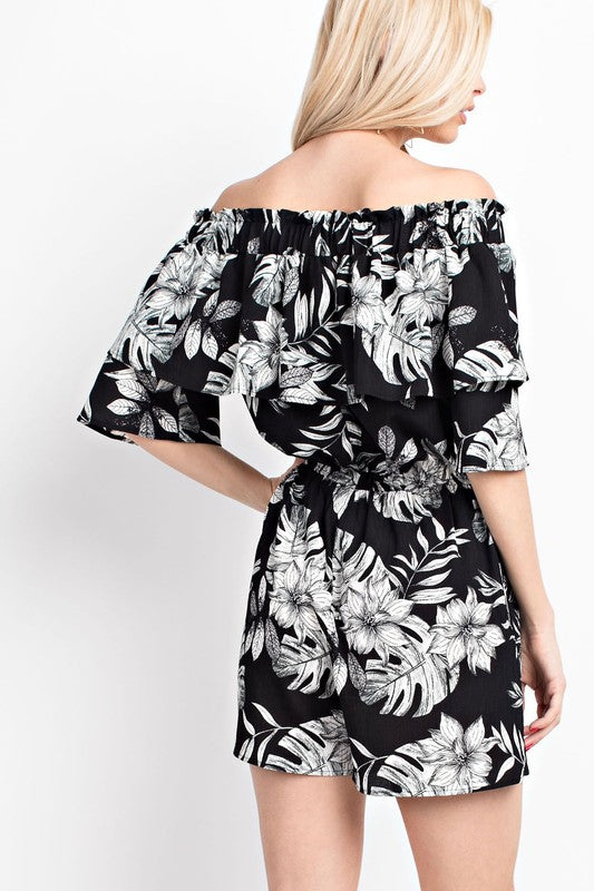 Black Floral Printed Off Shoulder Romper Tropical Casual Ruffle