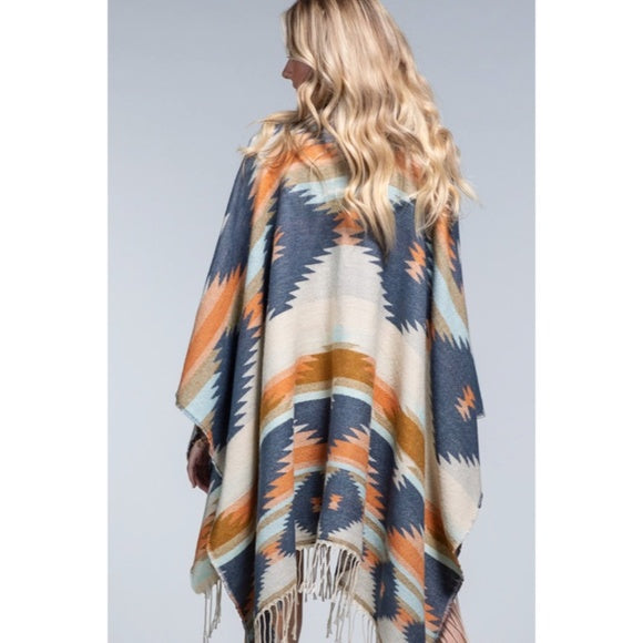 Mojave Western Ethnic Oversized Knit Ruana Fringe Wrap Open Poncho Fall Casual