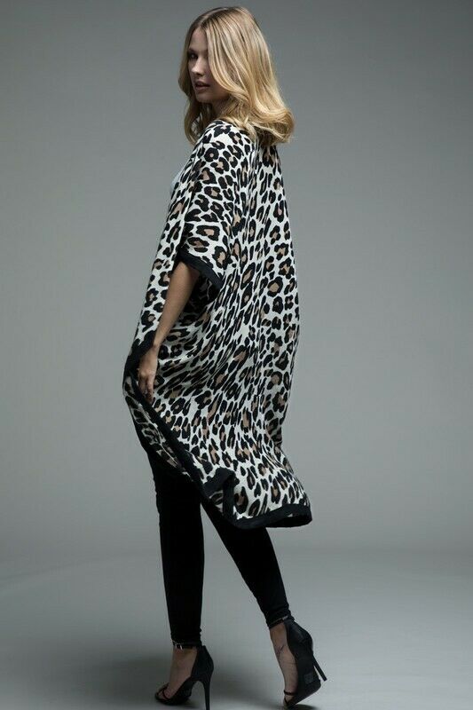 Beige Leopard Animal Print Black Border Kimono Wrap Womens One Size