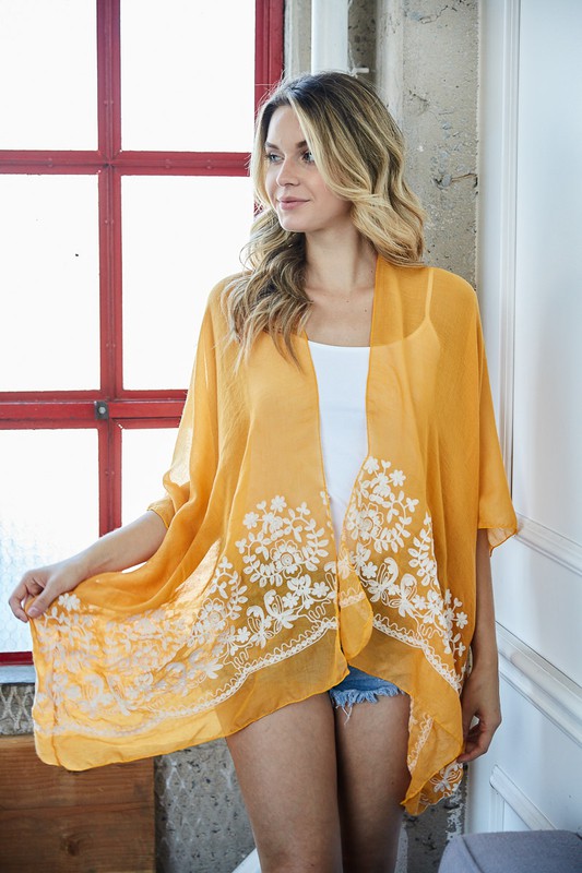 Mustard Yellow Floral Embroidered Sheer Kimono Wrap Boho One Size Womens