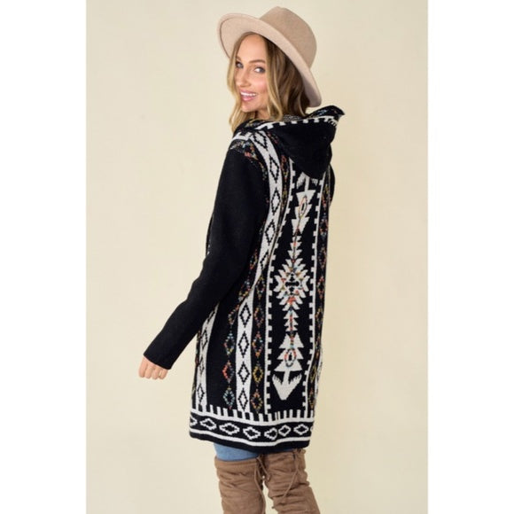 Black Aztec Rainbow Western Hooded Knit Cardigan Long Sleeve Open Sweater