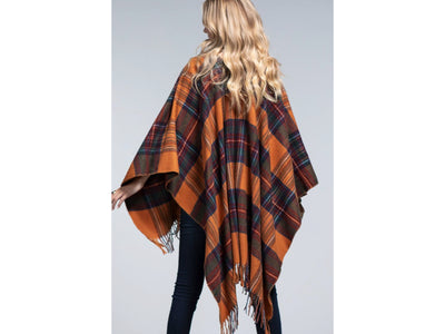 Amber Glow Plaid Fringe Accent Knit Fall Winter Ruana Wrap Open Poncho