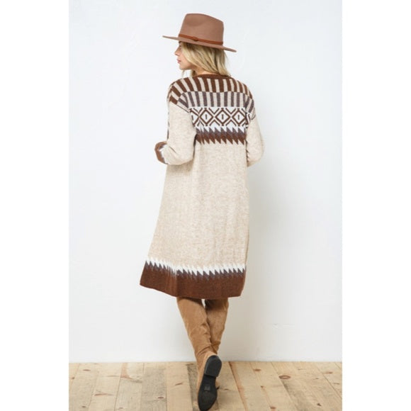 Taupe & Brown Aztec Tribal Western Boho Long Open Knit Cardigan Casual Sweater