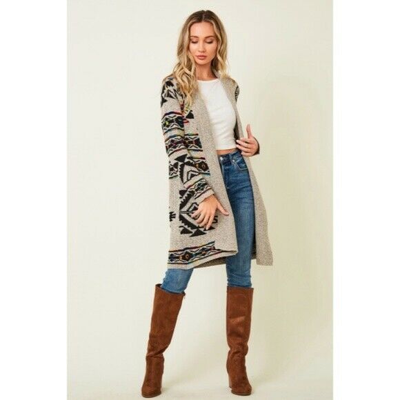 Taupe Rainbow Multi Colored Aztec Tribal Jacquard Open Knit Cardigan Sweater