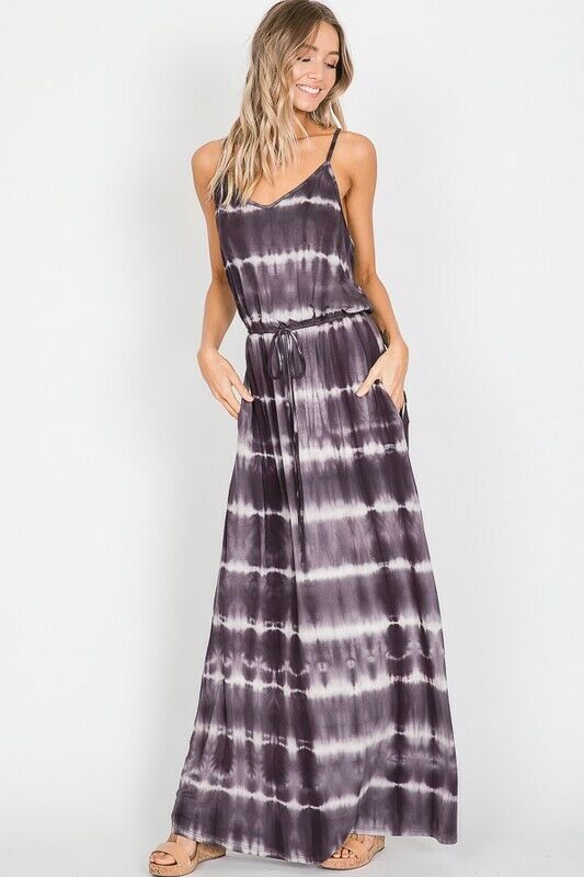 Charcoal Tie Dye Cami Casual Maxi Dress Full Length Long Womens