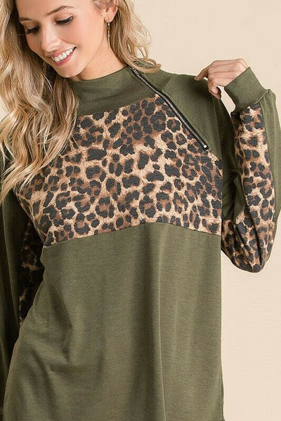 Olive Green Leopard Zipper French Terry Pullover Top Casual Womens