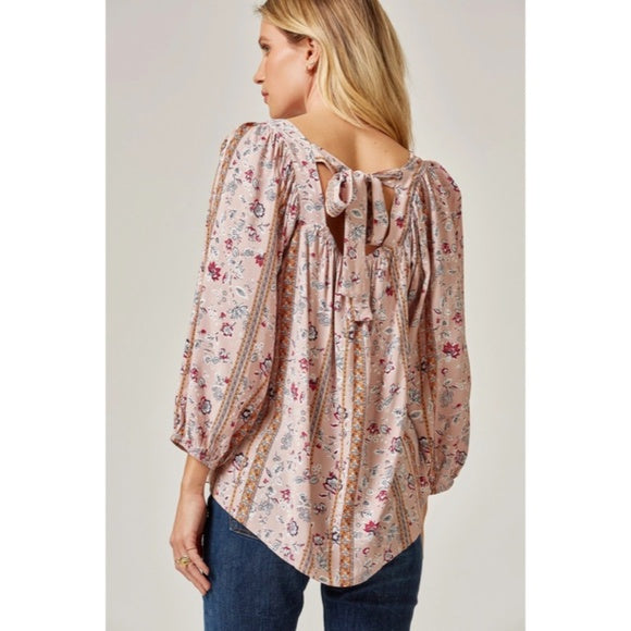 Mauve Bohemian Floral Print Peasant Long Sleeve Tie Back Square Neck Blouse