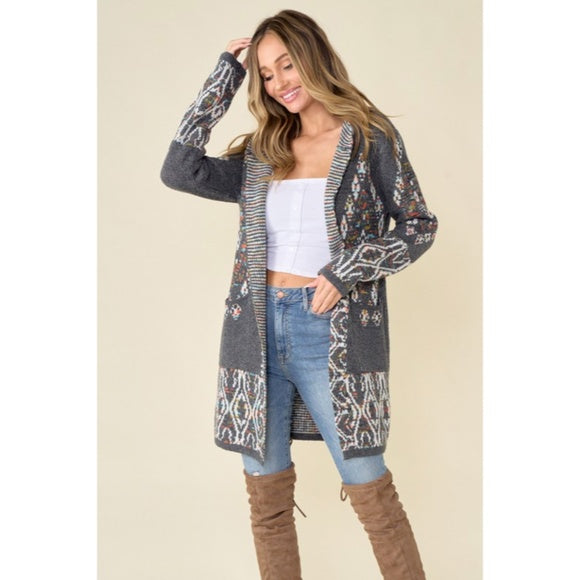 Gray Aztec Rainbow Western Hooded Knit Cardigan Long Sleeve Open Sweater