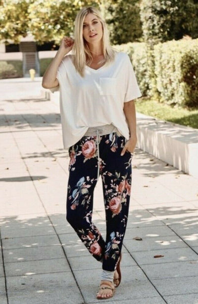 Navy Floral Print Casual Jogger Sweatpants Lounge Pants Womens