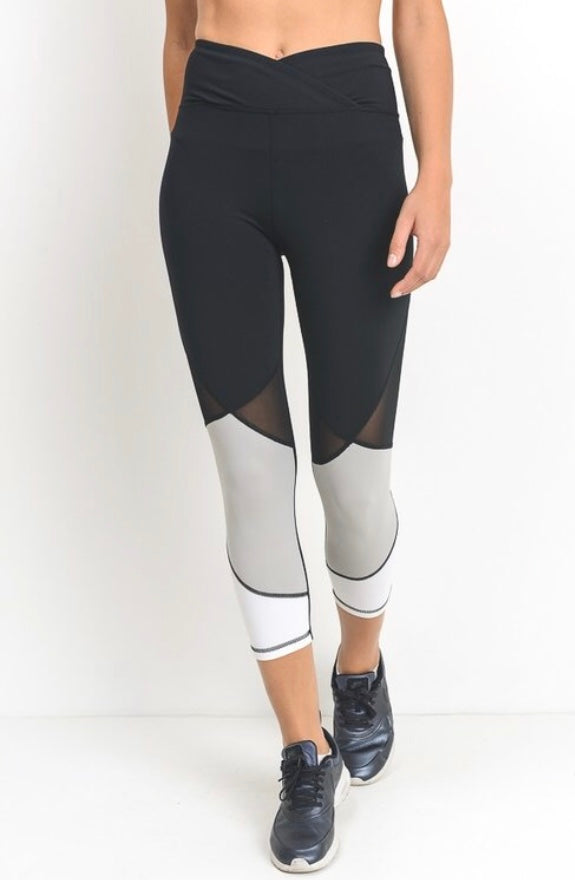 High Waist Capri Leggings Athletic Workout Color Block Mesh Pants S M L Black