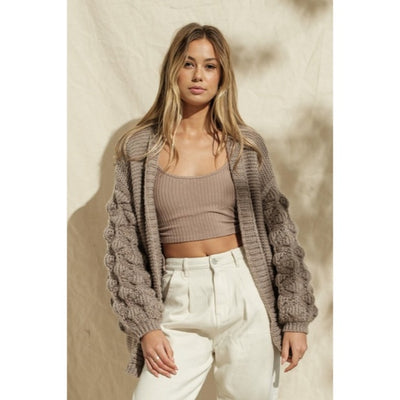 Khaki Pompom Sleeve Knit Open Cardigan Boho Sweater Casual Womens