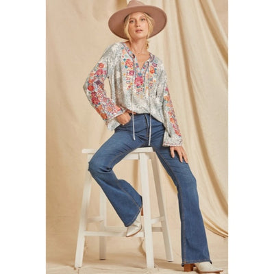 Colorful Boho Floral Embroidered Long Sleeve Tie Woven Blouse Casual Women's