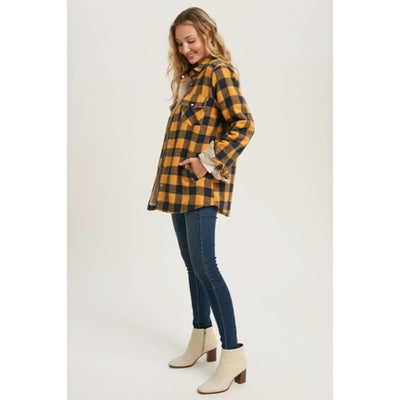 Mustard Buffalo Plaid Checkered Sherpa Lined Shacket Shirt Jacket Casual Womens