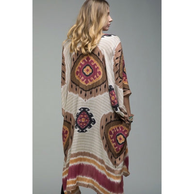 Bohemian Mandala Inspired Stripes Side Slit Kimono Coverup Wrap Casual Women's