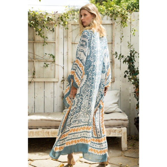 Tribal Road Damask Boho Bohemian Motif Angel Sleeve Kimono Duster Coverup Wrap