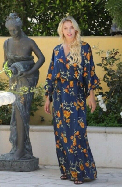 Navy Floral Kimono Tie Front Tassel Maxi Long Dress Womens Cocktail Party