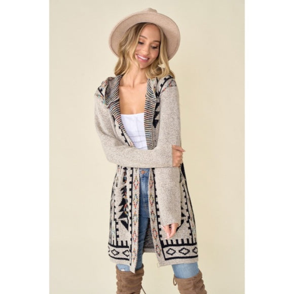 Oatmeal Aztec Rainbow Western Hooded Knit Cardigan Long Sleeve Open Sweater