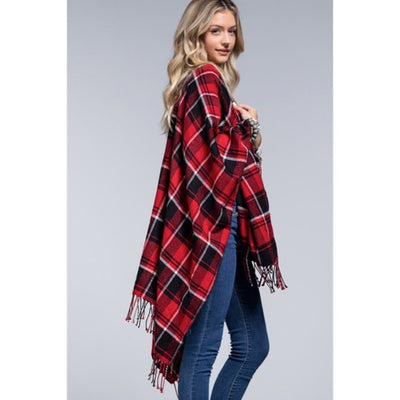 Red Black Plaid Blanket Ruana Knit Fall Winter Fringe Open Poncho Wrap