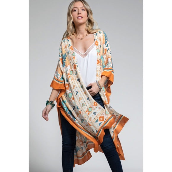 Navajo Ethnic Western Orange Turquoise Open Bohemian Coverup Kimono Wrap