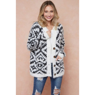 Ivory & Black Fuzzy Soft Eyelash Aztec Tribal Button Up Knit Cardigan Sweater