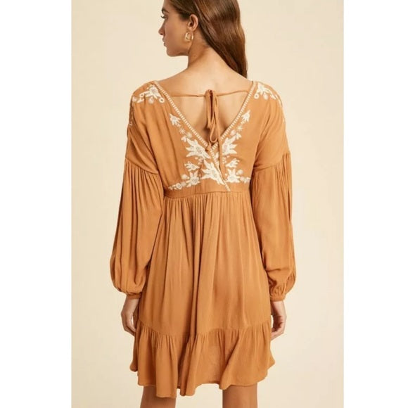 Earthen Boho Surplice Wrap Floral Embroidered Long Sleeve Ruffed Hem Mini Dress