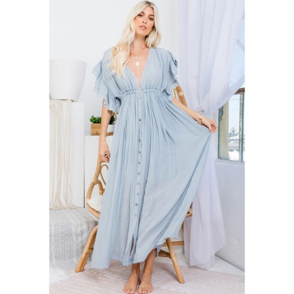 Misty Blue Gauze Boho Button Short Slv Deep V Woven Gathered Maxi Coverup Dress