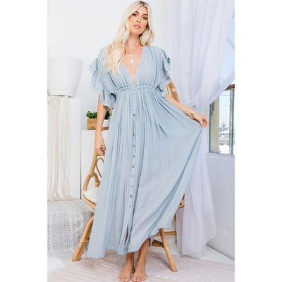 Misty Blue Gauze Boho Button Short Slv Deep V Woven Gathered Maxi Coverup Dress