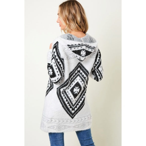 Fuzzy Soft Knit Hooded Long Sleeve Aztec Tribal Native Western Cardigan Sweater