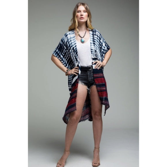 Indigo Tie Dye Jacquard Ethnic Boho Bohemian Motif Open Kimono Wrap Coverup