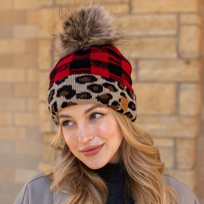 Leopard Red Buffalo Check Faux Fur Pom Beanie