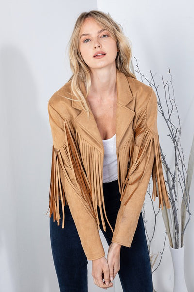 Camel Faux Leather Suede Fringe Cropped Western Boho Moto Jacket Women's