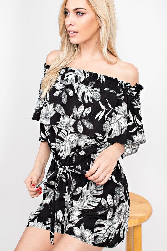 Black Floral Printed Off Shoulder Romper Tropical Casual Ruffle