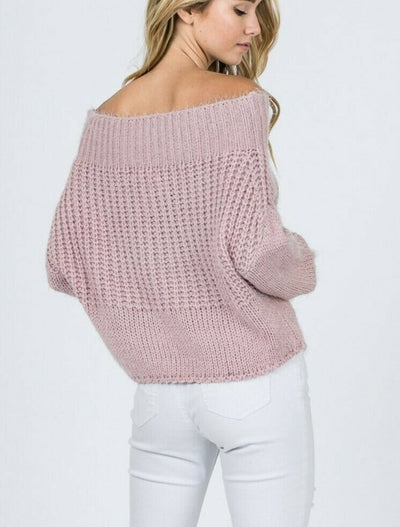 Blush Pink Off Shoulder Knit Long Sleeve Sweater Womens Casual