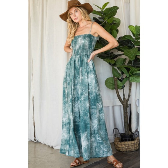 Green Tie Dye Wide Palazzo Flare Leg Smocked Bohemian Casual Jumpsuit w/ Pockets