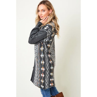 Charcoal Gray Native Cowichan Aztec Western Boho Hooded Cardigan Sweater Womens