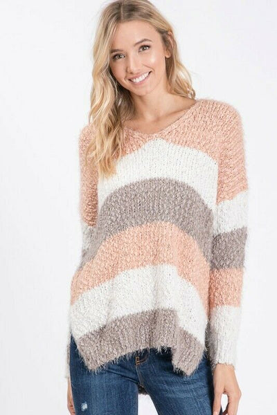 Blush Pink Striped Eyelash Popcorn Long Sleeve Casual Sweater Womens