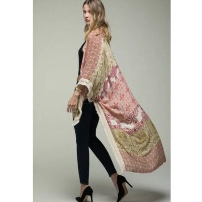 Rust Olive Tassel Boho Mandala Patchwork Kimono Open Wrap Cover Top Duster