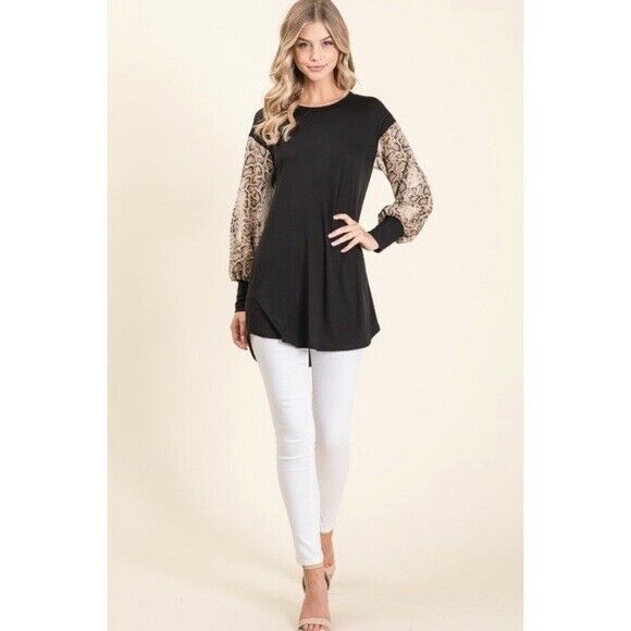 Black Snakeskin Print Relaxed Long Sleeve Top Casual Womens