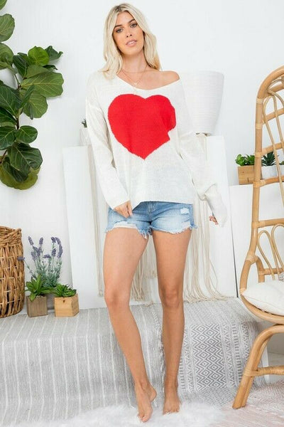 White Red Heart Knit V-Neck Valentines Day Long Sleeve Relaxed Sweater