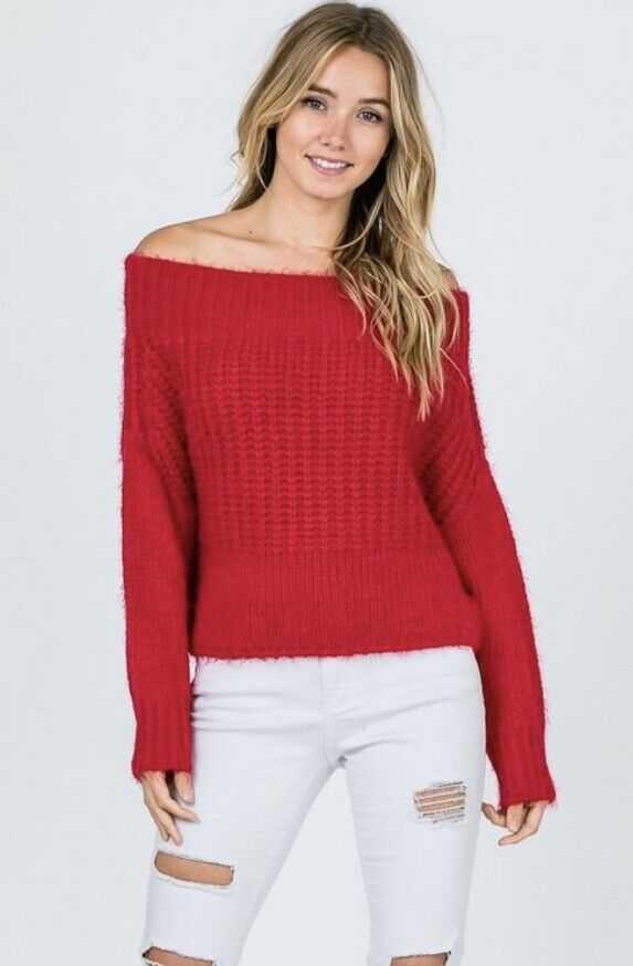 Red Off Shoulder Knit Long Sleeve Sweater Womens Casual