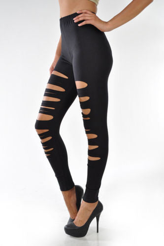 Leggings Slashed Black Laser Sexy Stretch Size Cut