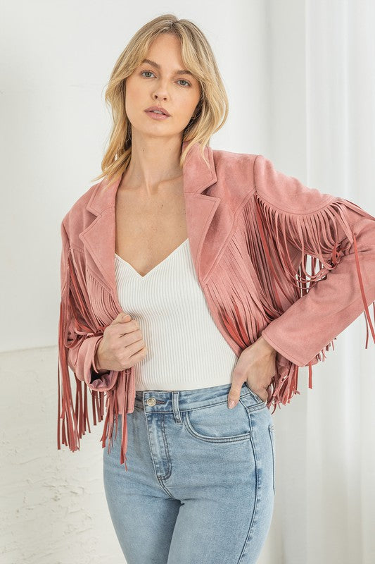 Mauve Pink Faux Leather Suede Fringe Cropped Western Boho Moto Jacket Women's