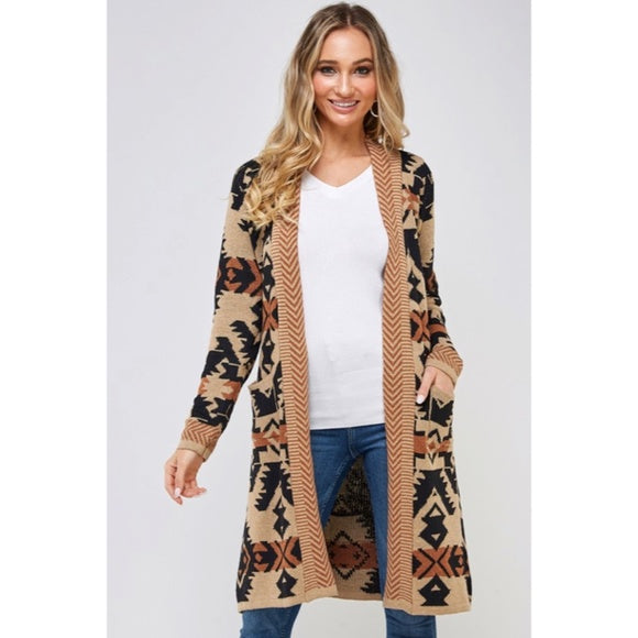 Mocha Aztec Western Boho Belted Cardigan Sweater Coatigan Knit Casual Womens