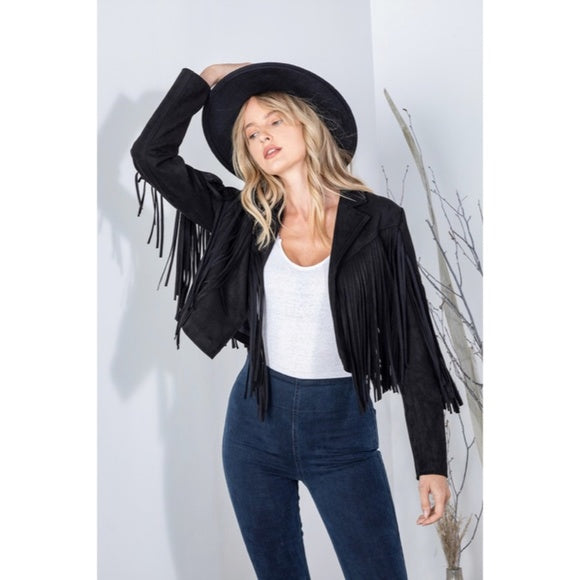 Black Faux Leather Suede Fringe Cropped Western Boho Moto Jacket Women's