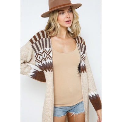 Taupe & Brown Aztec Tribal Western Boho Long Open Knit Cardigan Casual Sweater