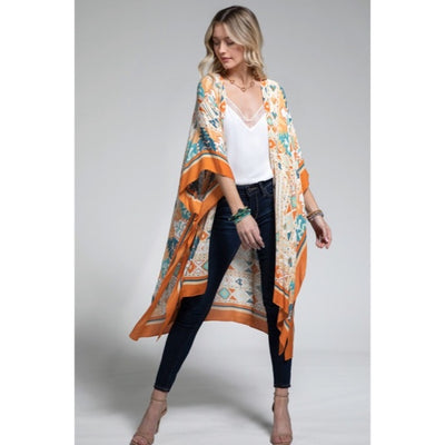 Navajo Ethnic Western Orange Turquoise Open Bohemian Coverup Kimono Wrap