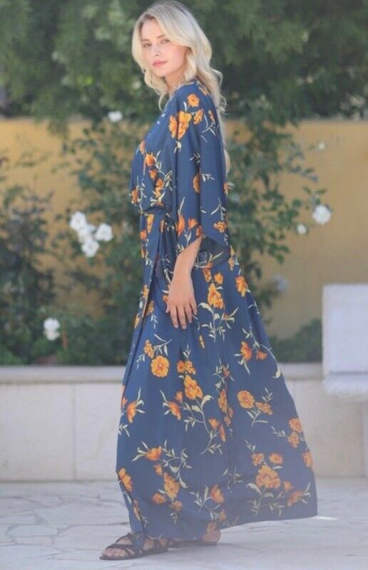 Navy Floral Kimono Tie Front Tassel Maxi Long Dress Womens Cocktail Party