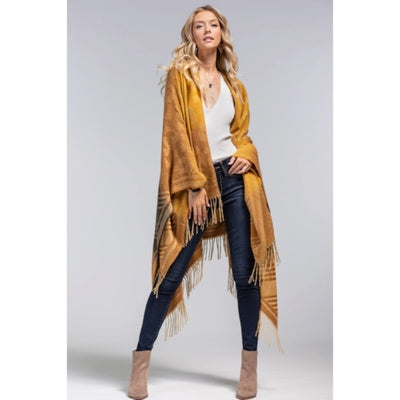 Tuscan Animal Print Color Block Knit Ruana Tassel Fall Winter Casual Wrap