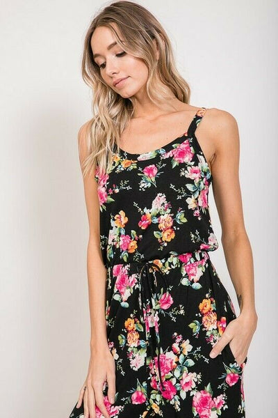 Soft Cami Style Bright Floral Jumpsuit Drawstring Pocket Womens Casual S M L